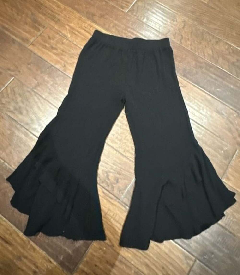 Black Ruffle Hem Elastic Waist Flare Pants